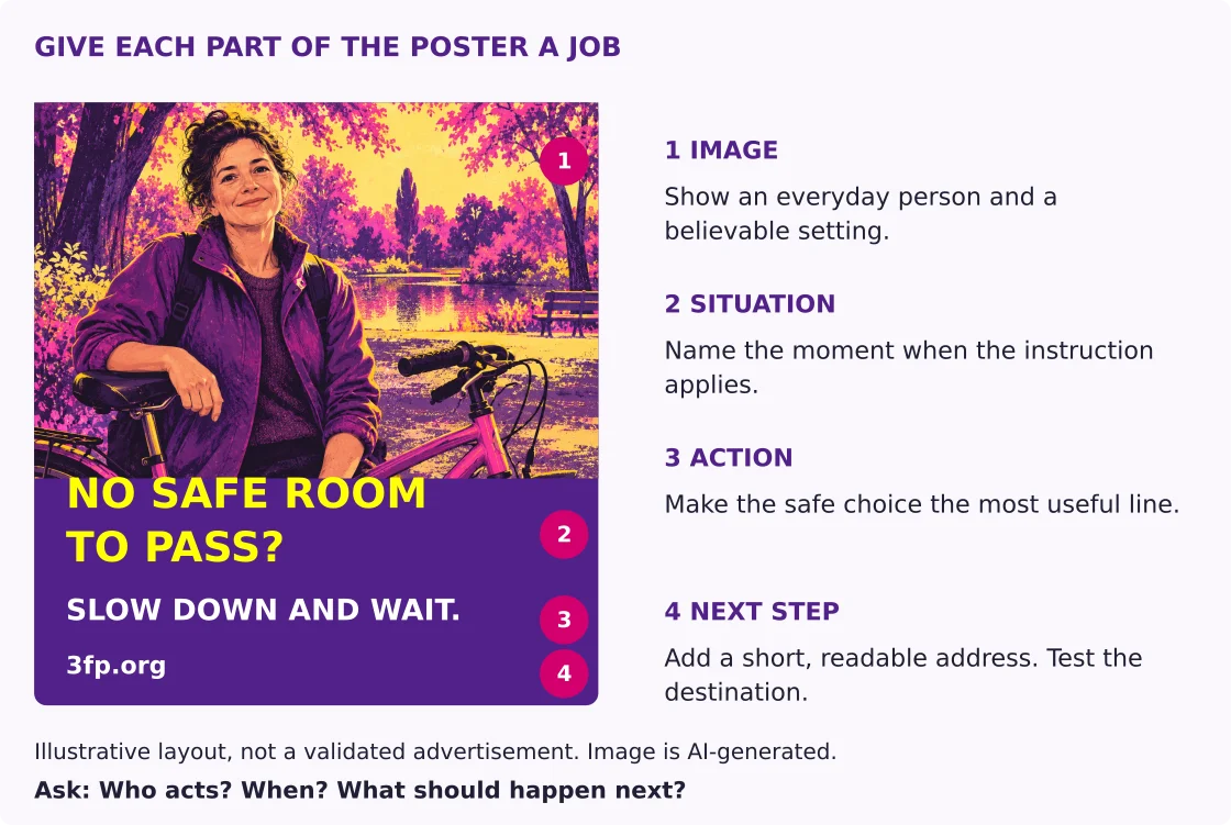 An annotated sample poster identifies four jobs: a relatable image, a named situation, a clear driver action, and a short web address.