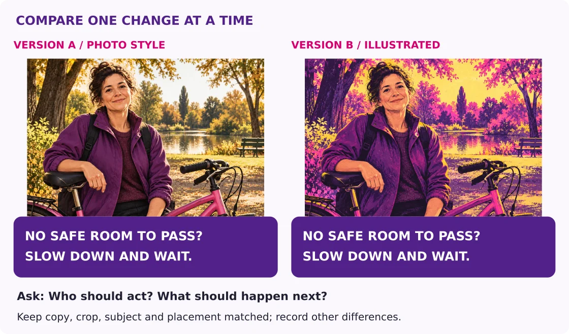 Two sample poster layouts use AI-generated photo-style and illustrated versions of the same portrait beside identical passing instructions. Ask who should act and what happens next.