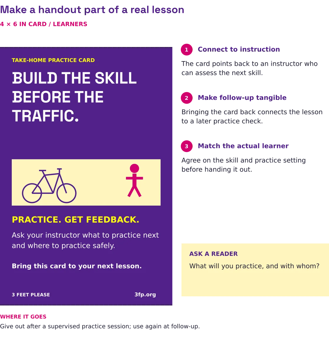 A take-home learner card says Build the skill before the traffic and asks the learner to agree on the next practice step with an instructor.